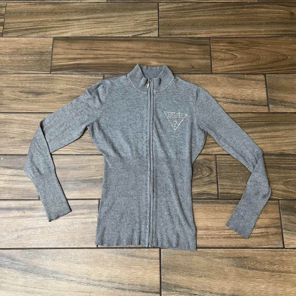Guess Women’s Full Zip Sweater Cardigan Gray Rhinestone Logo XL